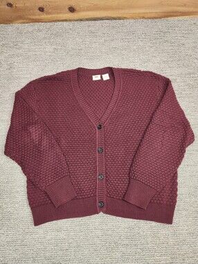 Levi's Cardigan Sweater Womens Large Maroon Burgandy Button Waffle Textured Knit